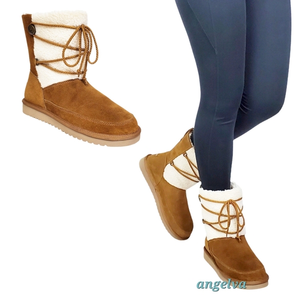 New Koolaburra Ugg michon short boots chesnut suede faux fur pull on lace winter - Picture 2 of 16